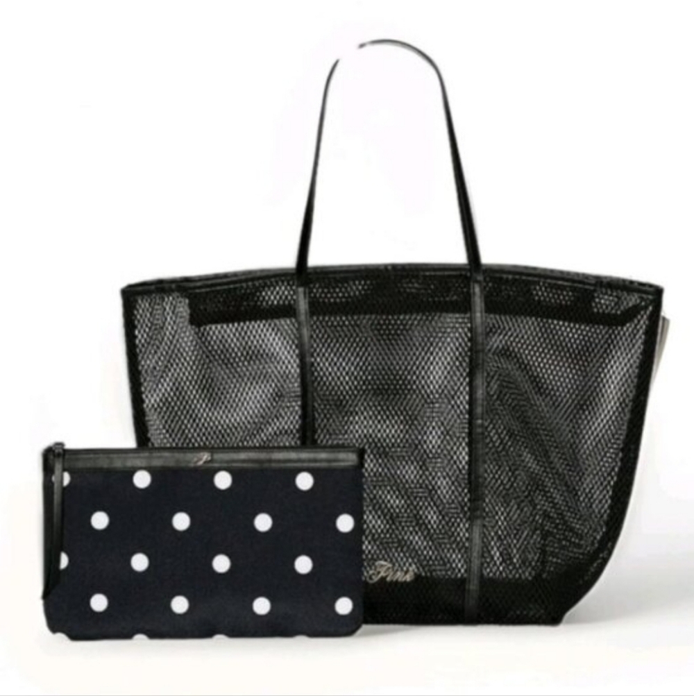 NEW VS Victoria’s Secret Beach, Gym, Getaway Mesh Tote Bag With Polka Dot Pouch